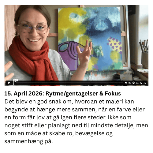 Det blev en god snak om, hvordan et maleri kan begynde at h&aelig;nge mere sammen, n&aring;r en farve eller en form f&aring;r lov at g&aring; igen flere steder. Ikke som noget stift eller planlagt ned til mindste detalje, men som en m&aring;de at skabe ro, bev&aelig;gelse og sammenh&aelig;ng p&aring;.